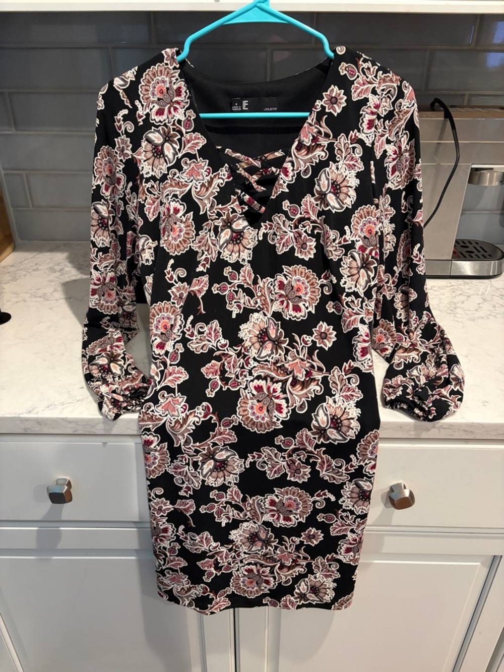 Leslie Fay Black Floral Lace-Up Long Sleeve Dress with Pink and Cream Accents